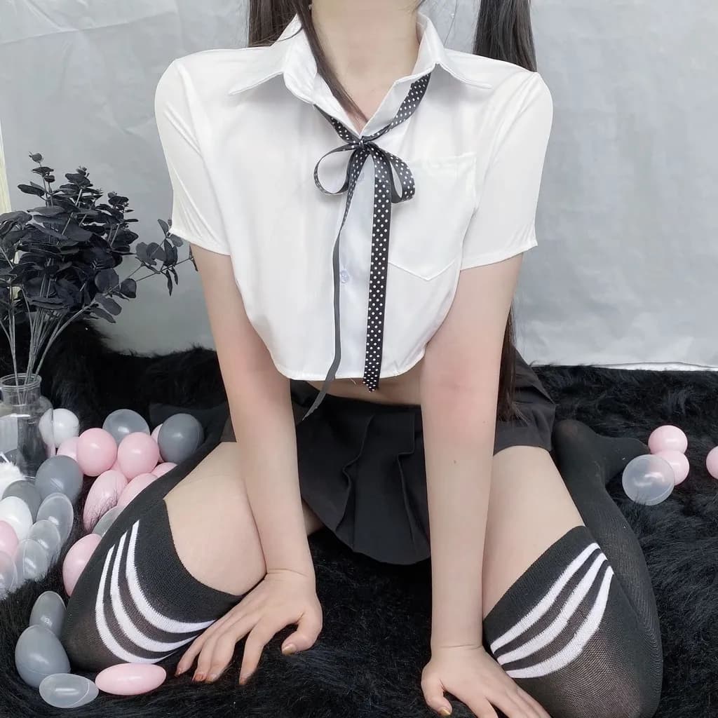 Đồ cosplay nữ sinh Hàn Quốc anime sexy đáng yêu váy xếp ly áo croptop kèm cà vạt nơ học sinh dễ thương N716 - ảnh 5