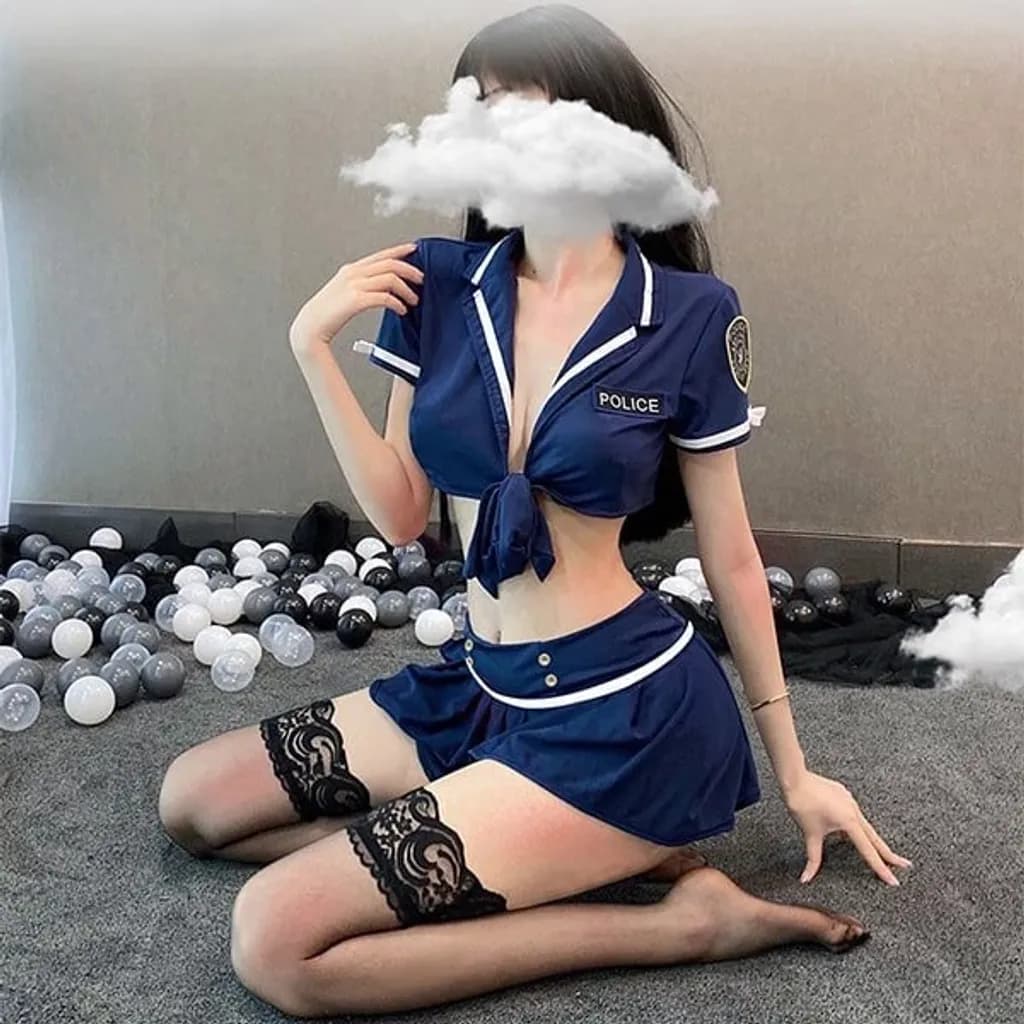 Cosplay cảnh sát sexy xẻ ngực gợi cảm áo croptop buộc dây váy xòe xếp ly nữ police dễ thương N703