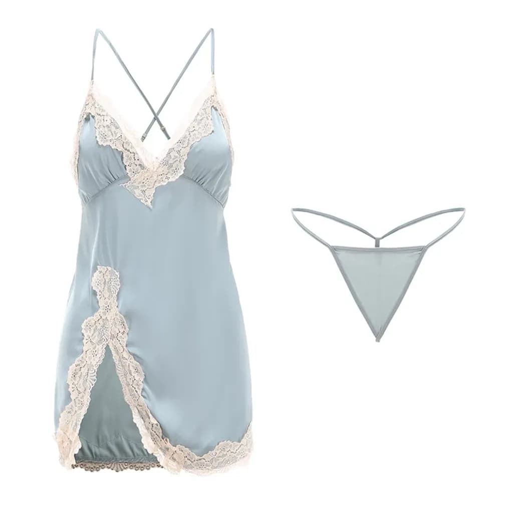 Váy ngủ sexy lụa phối ren ngực tôn dáng xẻ tà đùi gợi cảm đầm 2 dây mặc nhà cao cấp tặng chip quyến rũ  N129 - ảnh 2