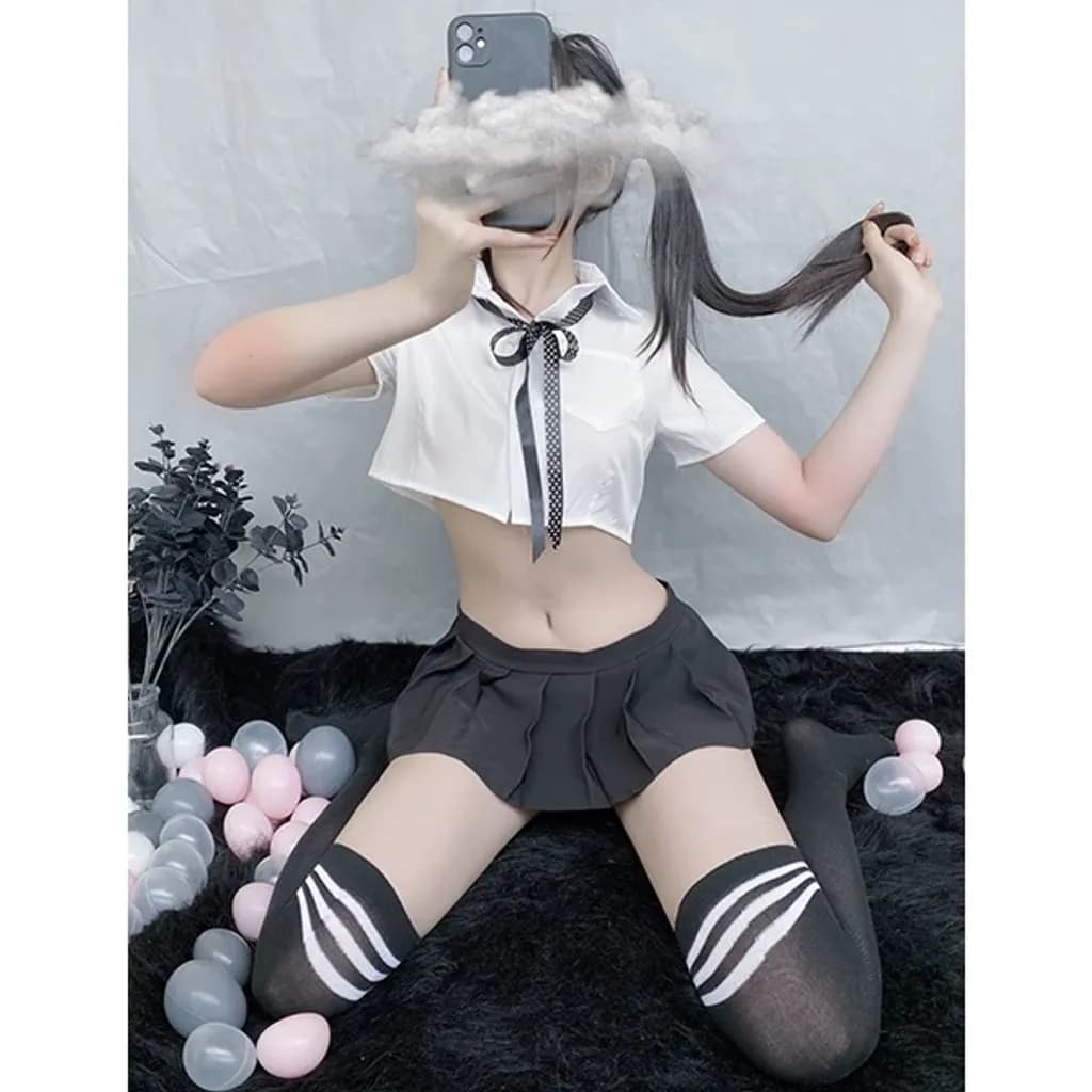Đồ cosplay nữ sinh Hàn Quốc anime sexy đáng yêu váy xếp ly áo croptop kèm cà vạt nơ học sinh dễ thương N716 - ảnh 6