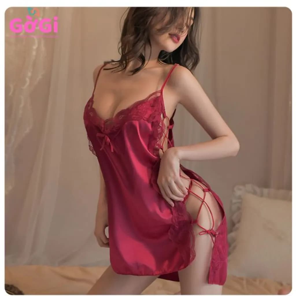 Đồ ngủ sexy 2 dây phối ren xẻ tà quyến rũ đỏ đen ( kèm quần chíp lọt khe gợi cảm) - ảnh 11