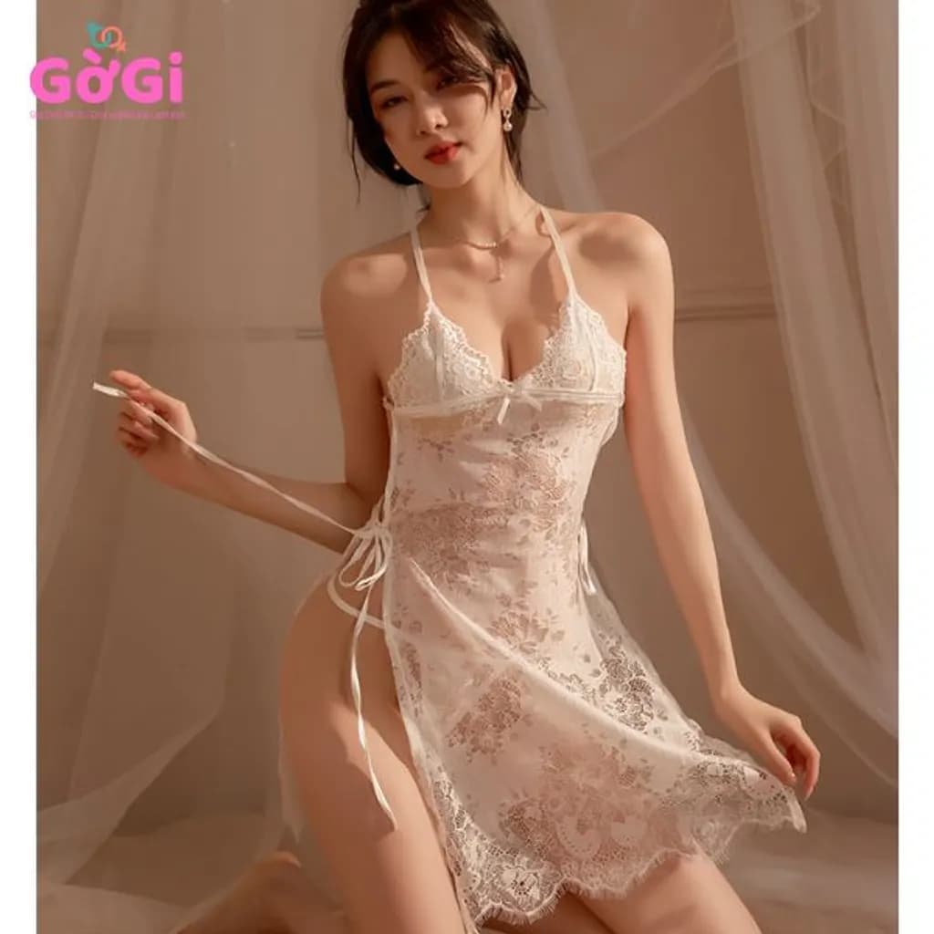 Set đồ ngủ sexy ren mỏng manh 2 mảnh hở lưng xuyên thấu cách tân có dây buộc đen trắng(kèm quần chíp lọt khe gợi cảm) - ảnh 10