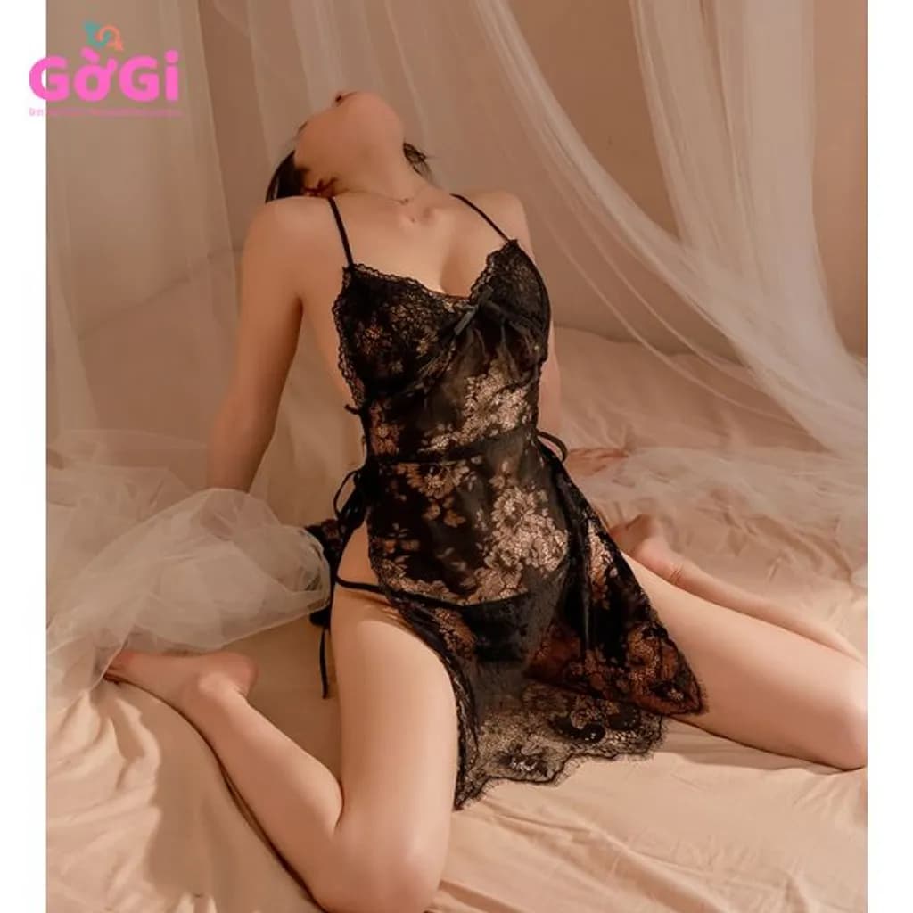 Set đồ ngủ sexy ren mỏng manh 2 mảnh hở lưng xuyên thấu cách tân có dây buộc đen trắng(kèm quần chíp lọt khe gợi cảm) - ảnh 5