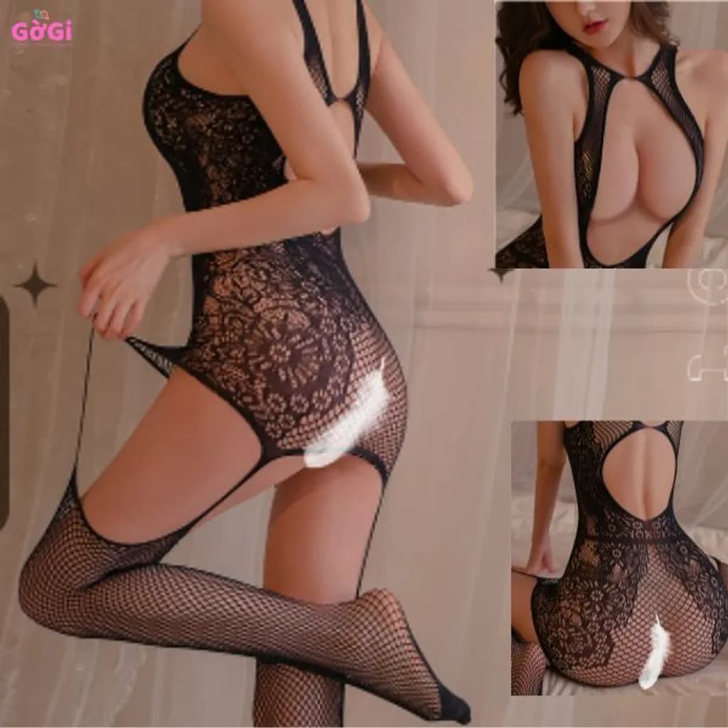 Đầm ngủ ren xuyên thấu sexy – Bộ đồ ngủ gợi cảm kèm tất lưới quyến rũ