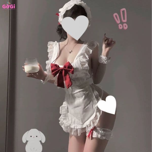 Đồ ngủ sexy cô hầu gái dễ thương gợi cảm, quyến rũ ( màu trắng+ đỏ) - ảnh 4