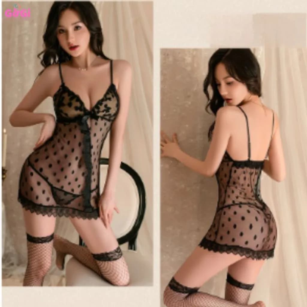Đồ ngủ sexy, váy ngủ xuyên thấu lưới chấm bi – Bộ nội y gợi cảm phối ren quyến rũ