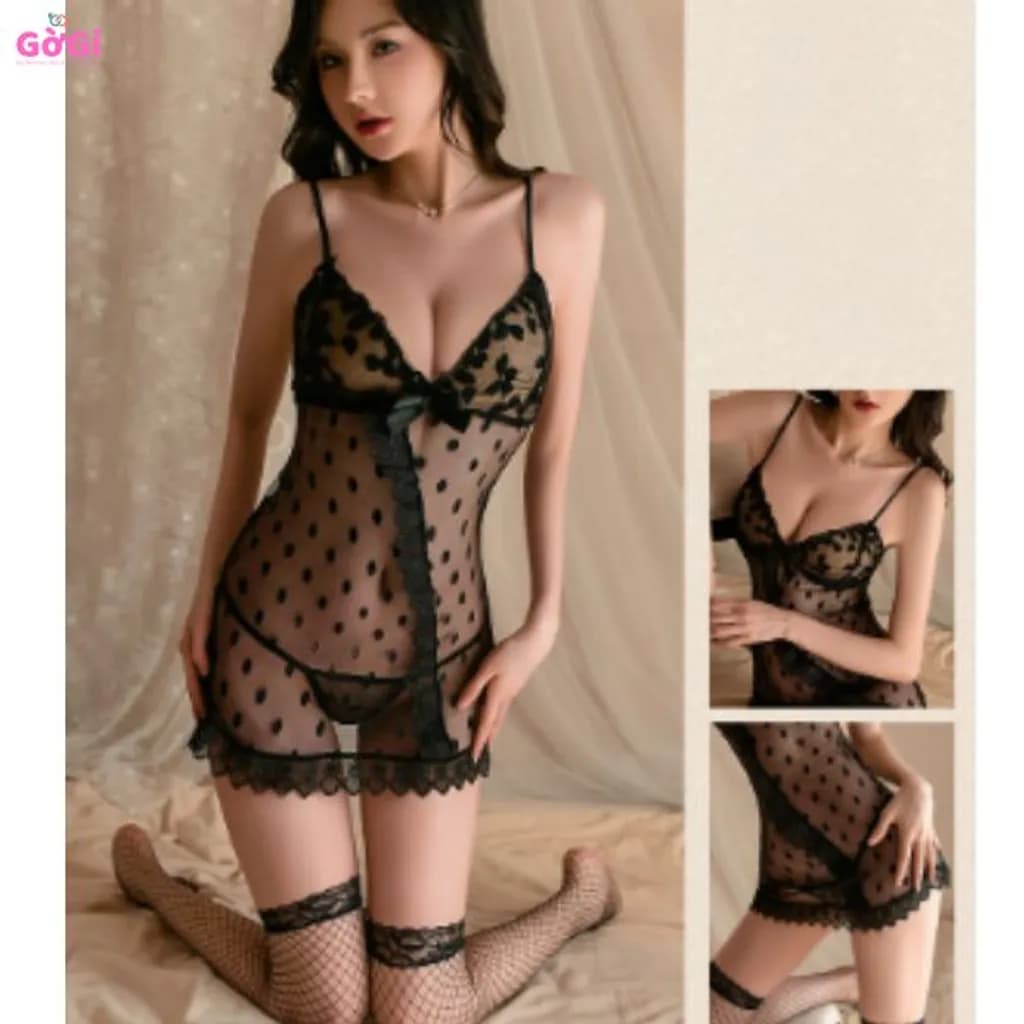 Đồ ngủ sexy, váy ngủ xuyên thấu lưới chấm bi – Bộ nội y gợi cảm phối ren quyến rũ - ảnh 5