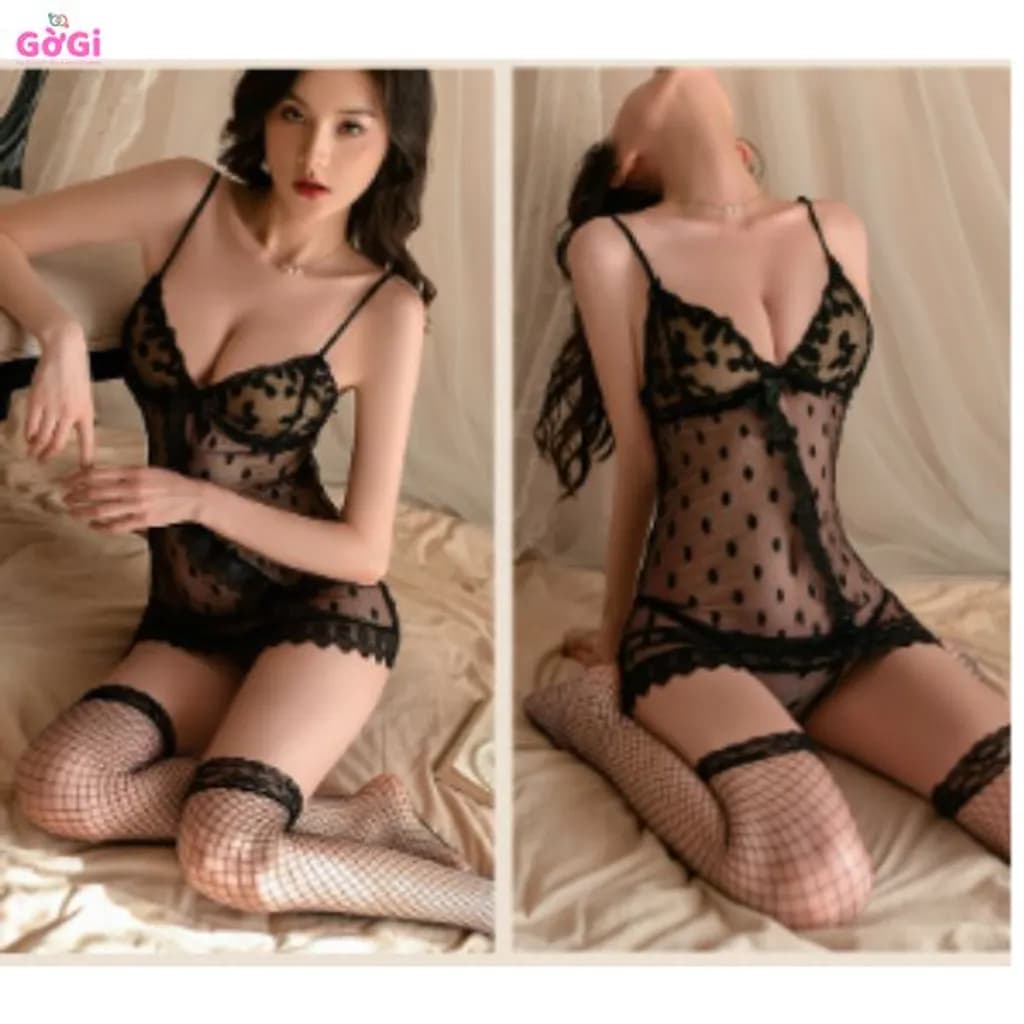 Đồ ngủ sexy, váy ngủ xuyên thấu lưới chấm bi – Bộ nội y gợi cảm phối ren quyến rũ - ảnh 7