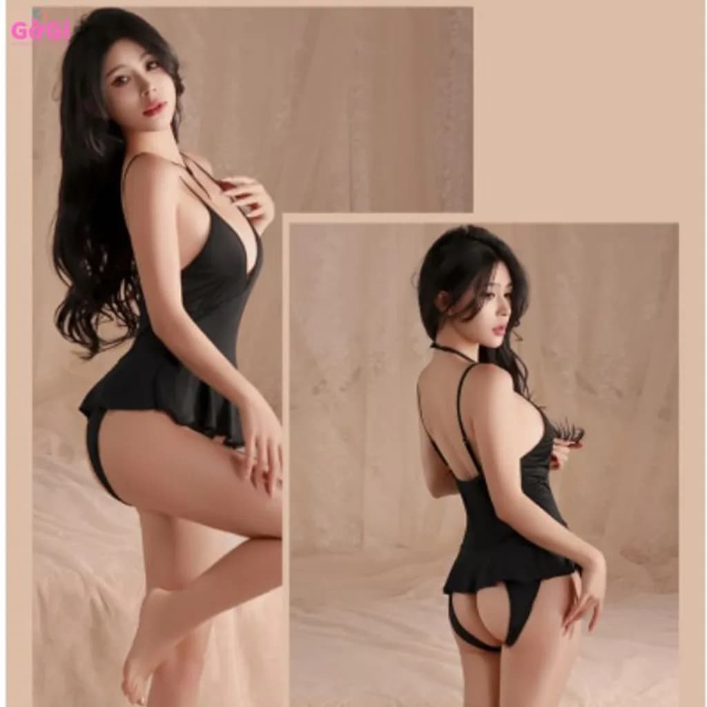 Đồ ngủ sexy, 2 dây xẻ ngực, hở lưng màu đen gợi cảm quyến rũ