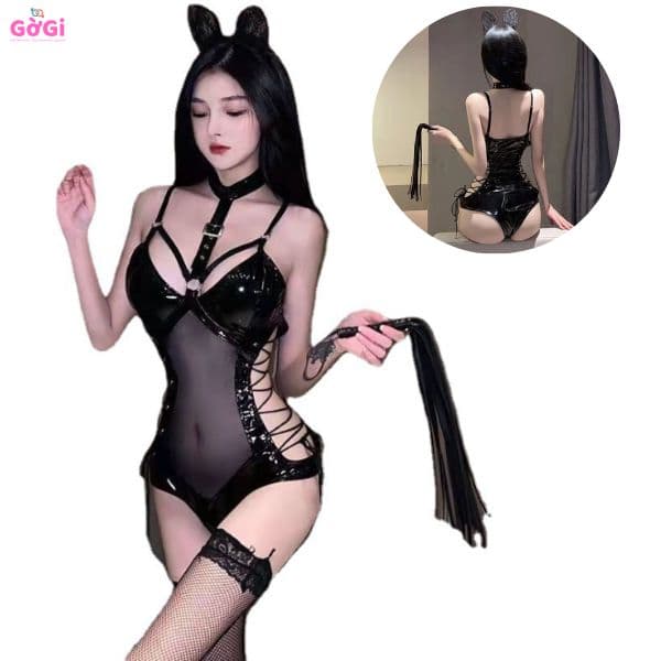 Đồ ngủ sexy, cosplay nữ hoàng da bóng đồ liền thân bó sát, có dây đan eo, dây trói bằng da quyến rũ ( đen )