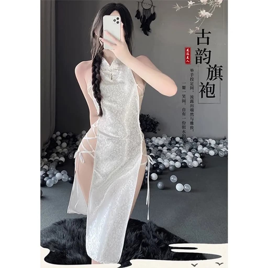 Sườn xám gợi cảm đan dây hông anime sexy quyến rũ cosplay cổ trang Trung Hoa gấm đen trắng mềm mịn  N781 - ảnh 4