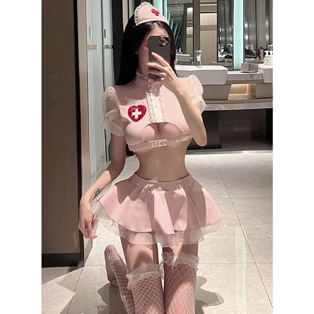 Cosplay y tá anime khoét ngực sexy phối ren lưới dễ thương cao cấp váy xếp ly áo croptop kèm quần lọt khe gợi cảm N757 - ảnh 3
