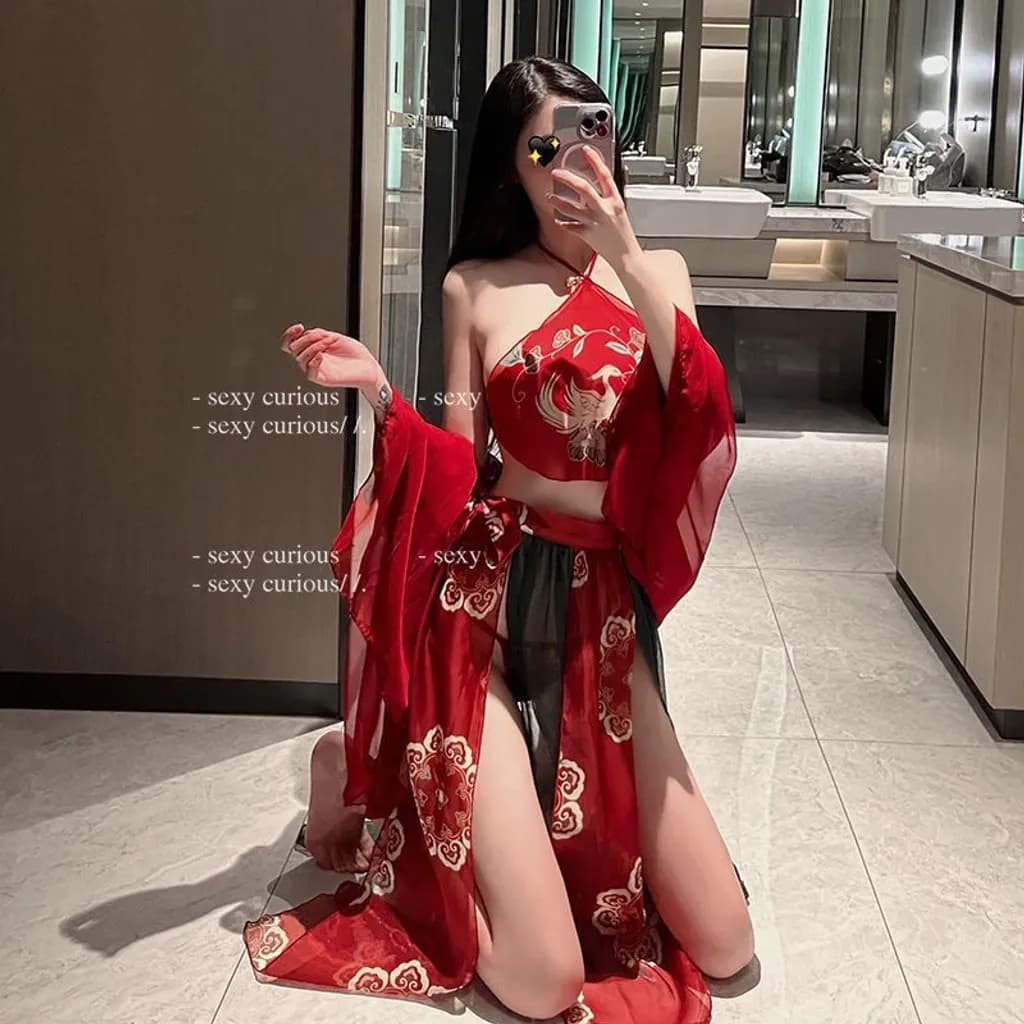 Đồ cosplay cổ trang Trung Hoa họa tiết hoa cao cấp set Hán phục áo yếm kèm khăn choàng tặng chip lọt khe gợi cảm N794 - ảnh 3
