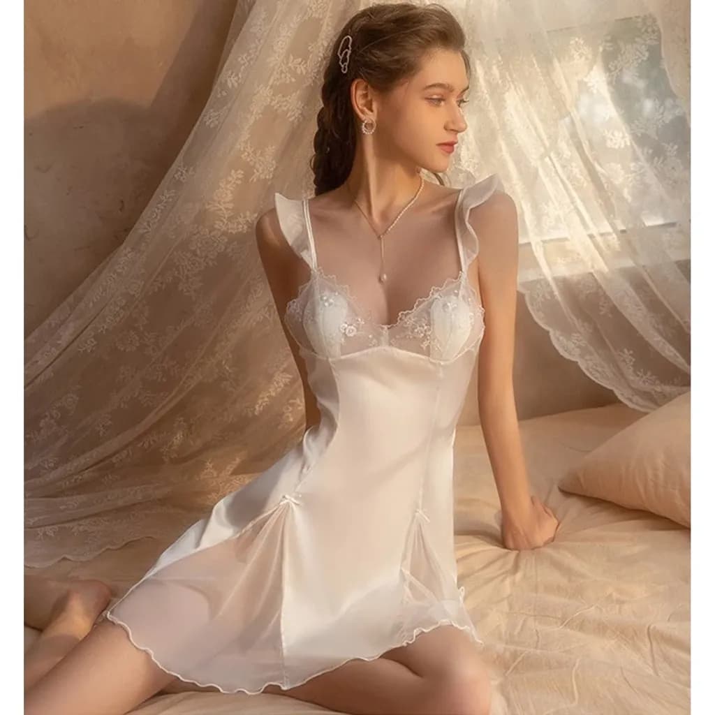 Váy ngủ lụa sexy có đệm ngực cao cấp phối ren gợi cảm đầm thức mặc nhà hở lưng quyến rũ thanh lịch N167 - ảnh 6