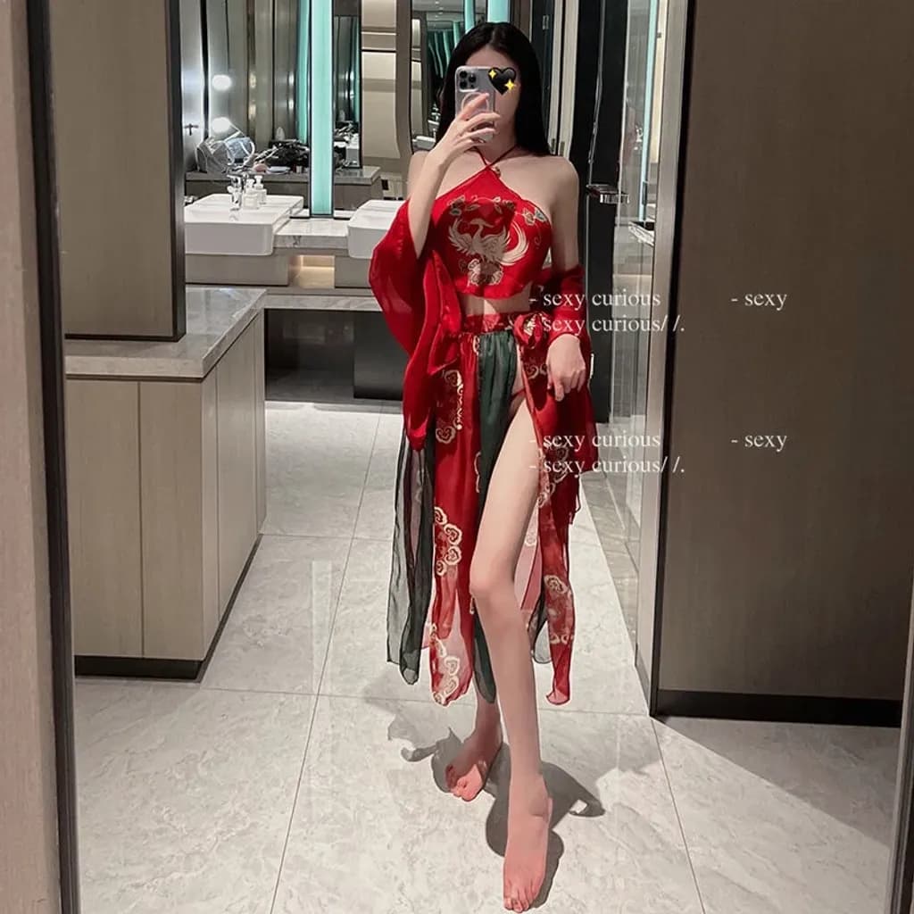 Đồ cosplay cổ trang Trung Hoa họa tiết hoa cao cấp set Hán phục áo yếm kèm khăn choàng tặng chip lọt khe gợi cảm N794 - ảnh 5