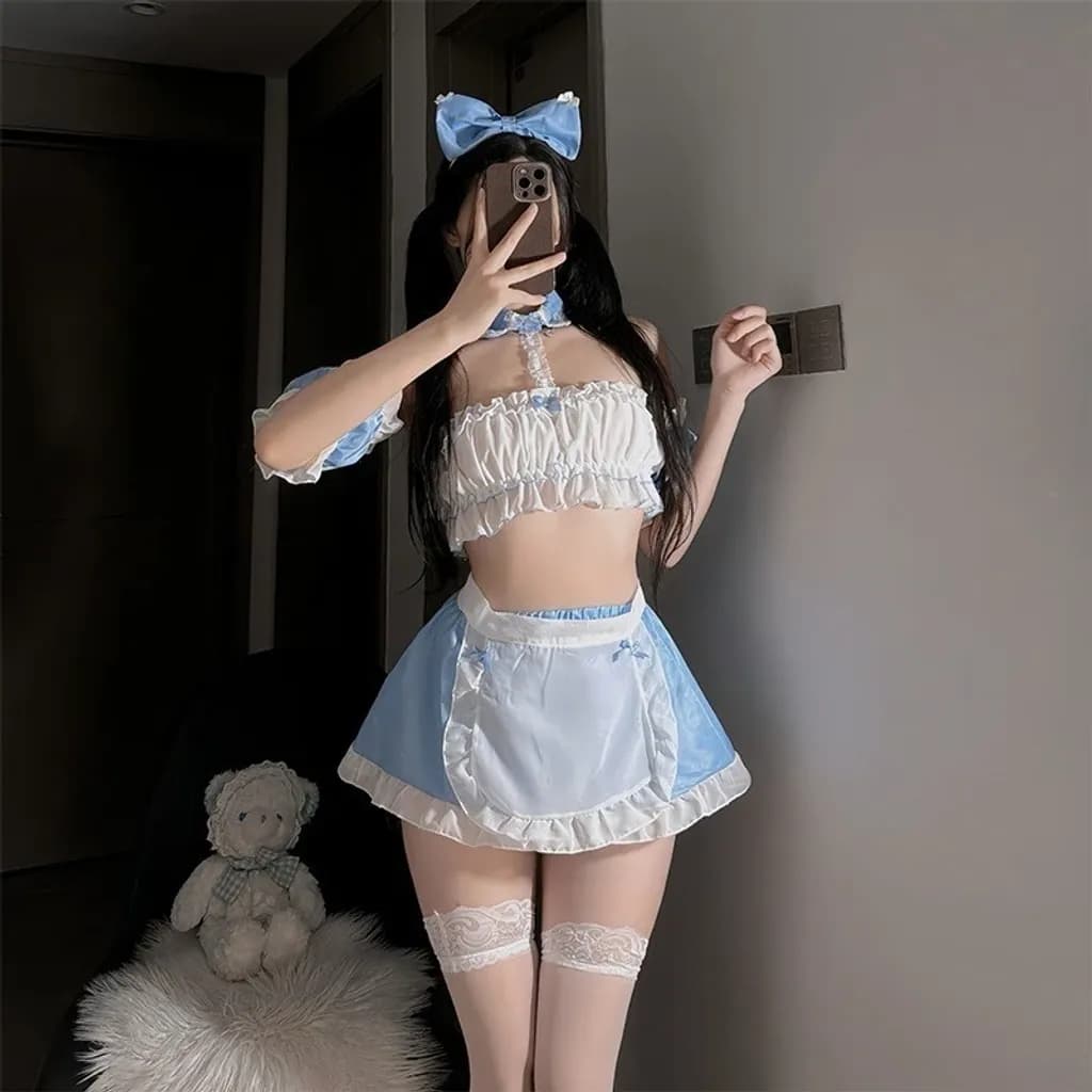 Đồ hầu gái cosplay anime Nhật Bản sexy gợi cảm set ngủ nữ giúp việc tạp dề trắng xanh cute dễ thương N772 - ảnh 7