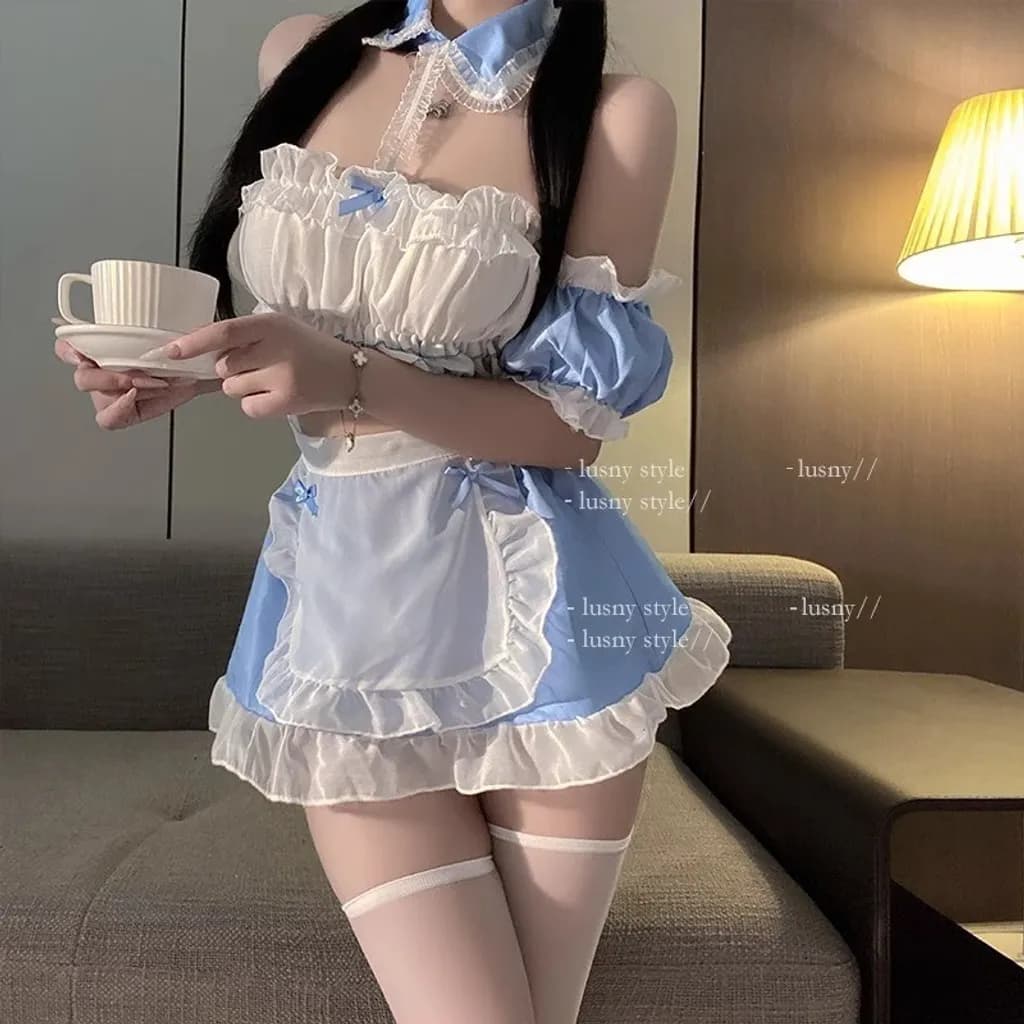 Đồ hầu gái cosplay anime Nhật Bản sexy gợi cảm set ngủ nữ giúp việc tạp dề trắng xanh cute dễ thương N772 - ảnh 2