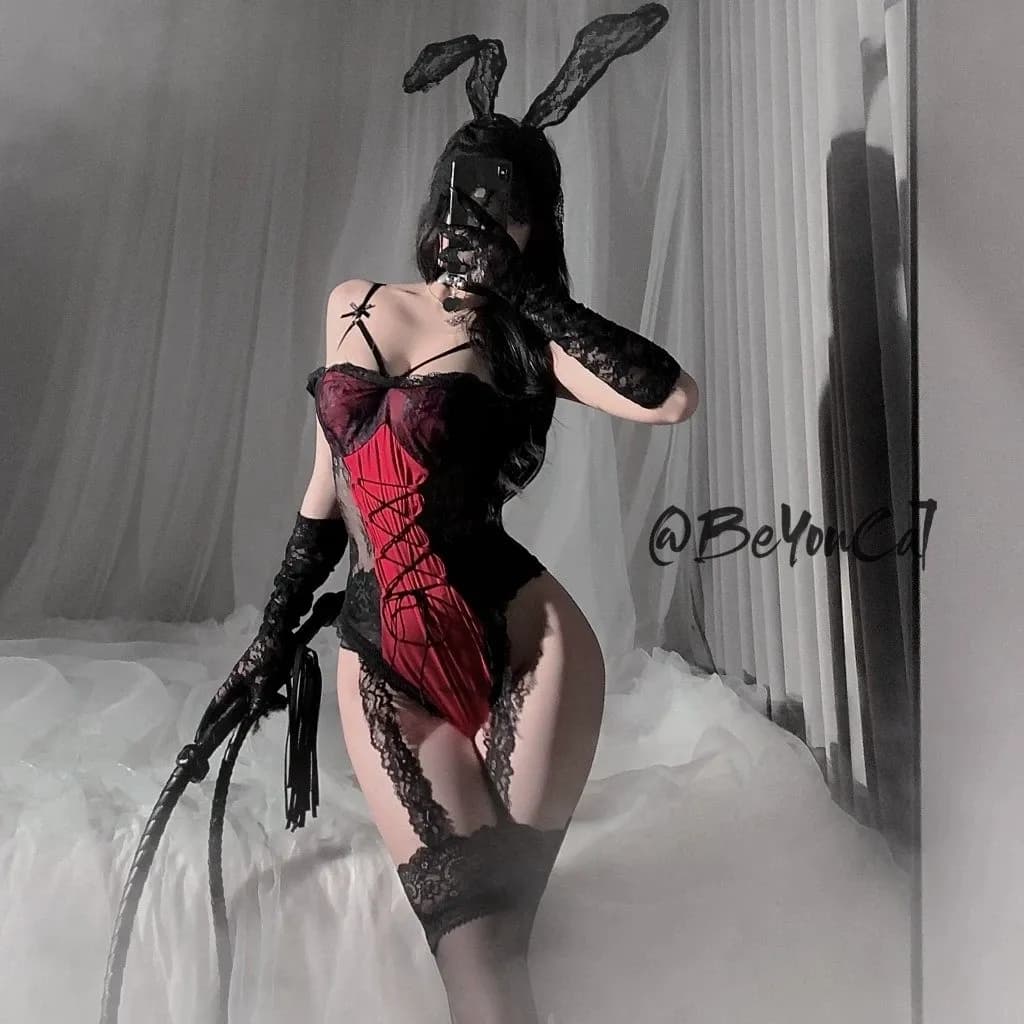 Cosplay thỏ bông đen đỏ bunny hư hỏng quyến rũ bodysuit đồ lót liền thân phối ren siêu dễ thương gợi cảm N837