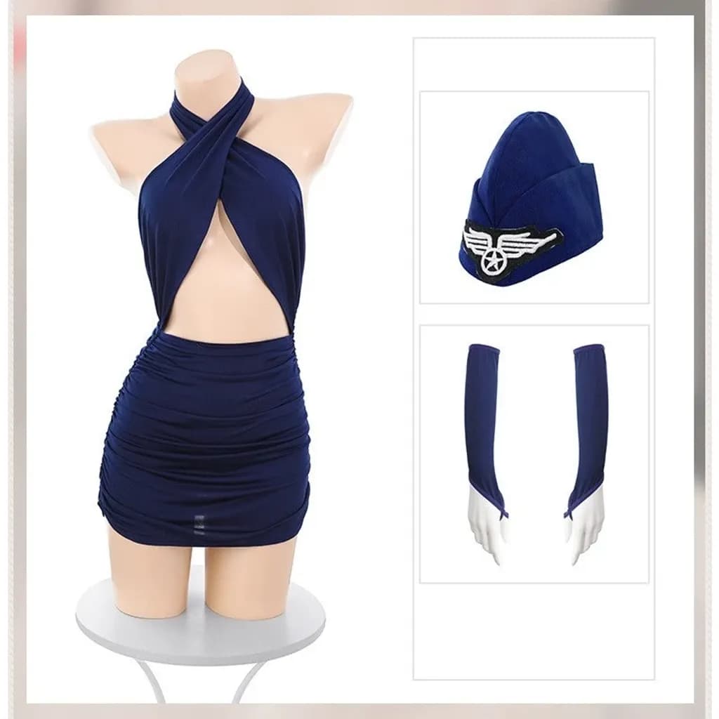 Đồ cosplay tiếp viên hàng không cổ chéo V1 gợi cảm cao cấp set thuỷ thủ xanh ôm body kèm bao tay tinh tế N329 - ảnh 2