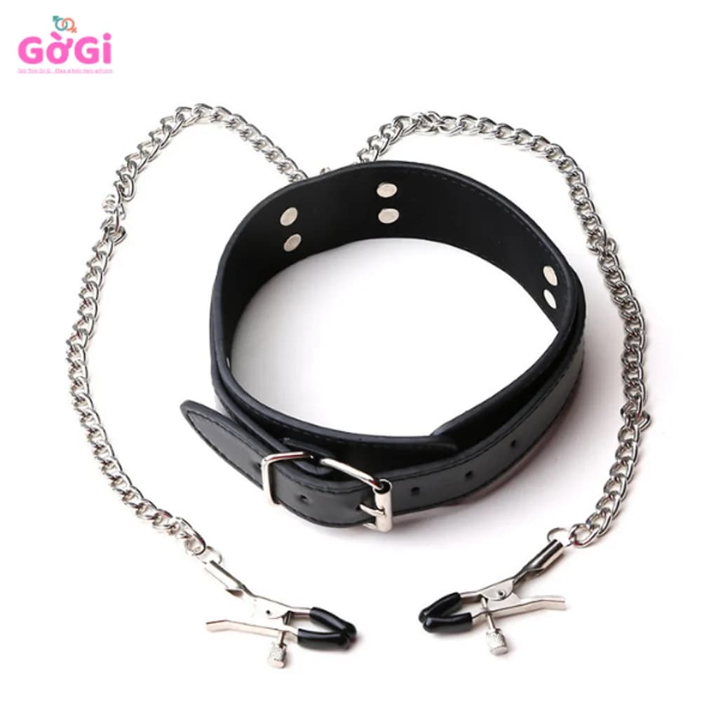 Vòng Cổ BDSM Kèm Kẹp Ngực & Xích Kim Loại