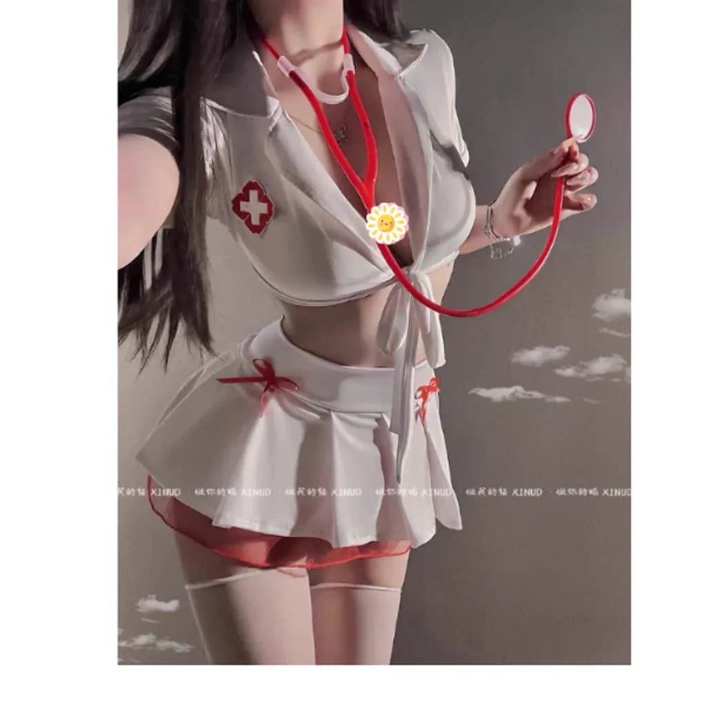 Bộ đồ hóa trang nữ y tá xẻ ngực gợi cảm dễ thương set ngủ cosplay bác sĩ dáng xòe viền ren xinh quyến rũ N751 - ảnh 3