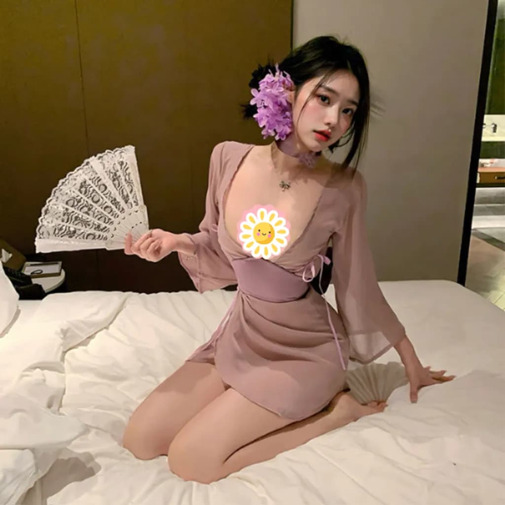 Áo choàng ngủ sexy voan mềm mịn xẻ V1 gợi cảm cao cấp đồ ngủ cosplay Kimono xuyên thấu quyến rũ tinh tế N344 - ảnh 4