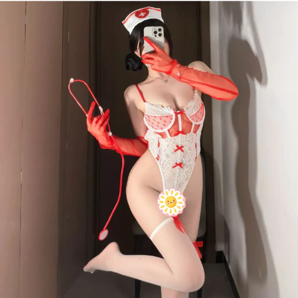 Bodysuit cosplay nữ y tá ren phối nơ dễ thương gợi cảm đồ ngủ liền thân cô bác sĩ đỏ trắng xinh quyến rũ N355 - ảnh 4