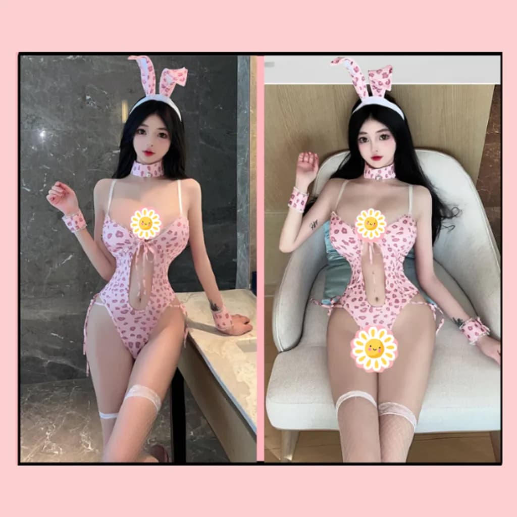 Bodysuit thỏ bông hồng hư hỏng dễ thương gợi cảm đồ ngủ liền thân hở ngực quyến rũ kèm cài tai đáng yêu N337 - ảnh 3