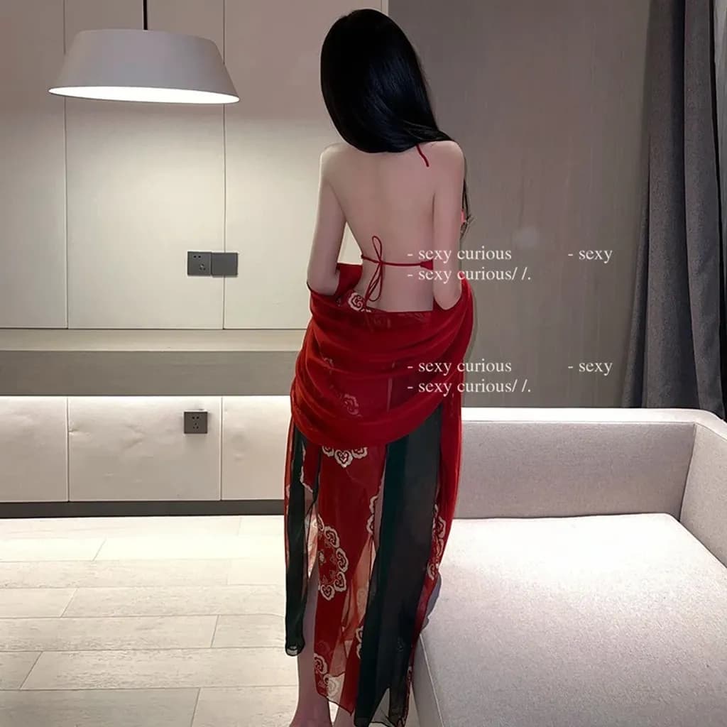 Đồ cosplay cổ trang Trung Hoa họa tiết hoa cao cấp set Hán phục áo yếm kèm khăn choàng tặng chip lọt khe gợi cảm N794 - ảnh 6