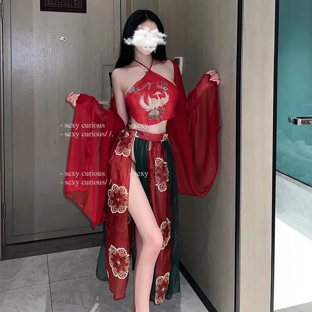 Đồ cosplay cổ trang Trung Hoa họa tiết hoa cao cấp set Hán phục áo yếm kèm khăn choàng tặng chip lọt khe gợi cảm N794 - ảnh 2