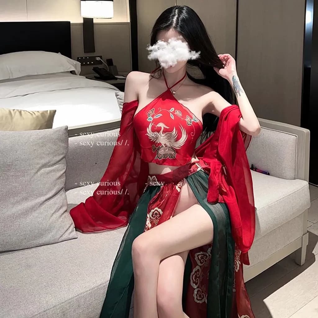 Đồ cosplay cổ trang Trung Hoa họa tiết hoa cao cấp set Hán phục áo yếm kèm khăn choàng tặng chip lọt khe gợi cảm N794 - ảnh 4