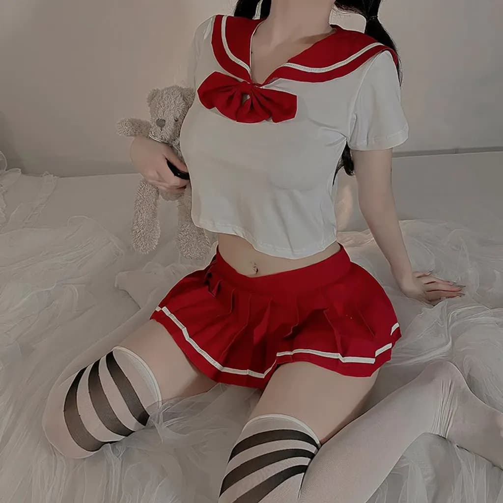 Đồ cosplay học sinh Nhật Bản bonita phối nơ cao cấp đáng yêu váy xếp ly đồng phục nữ sinh đỏ đen gợi cảm N767 - ảnh 5