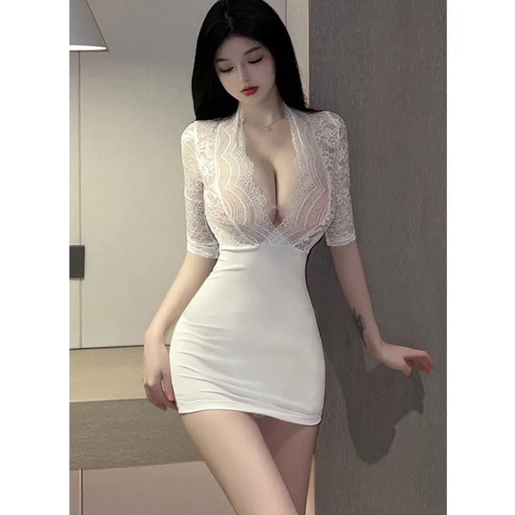 CÓ BIG SIZE / Cosplay thư ký xẻ ngực ren hoa xuyên thấu sexy gợi cảm váy ngủ nữ ôm body dài tay quyến rũ N718 - ảnh 2