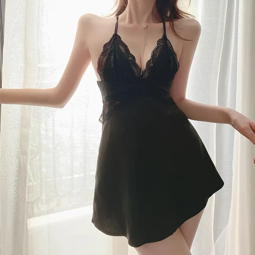Váy ngủ lụa phối ren ngực gợi cảm dễ thương đầm mặc nhà hở lưng sexy tặng chip lọt khe quyến rũ N178