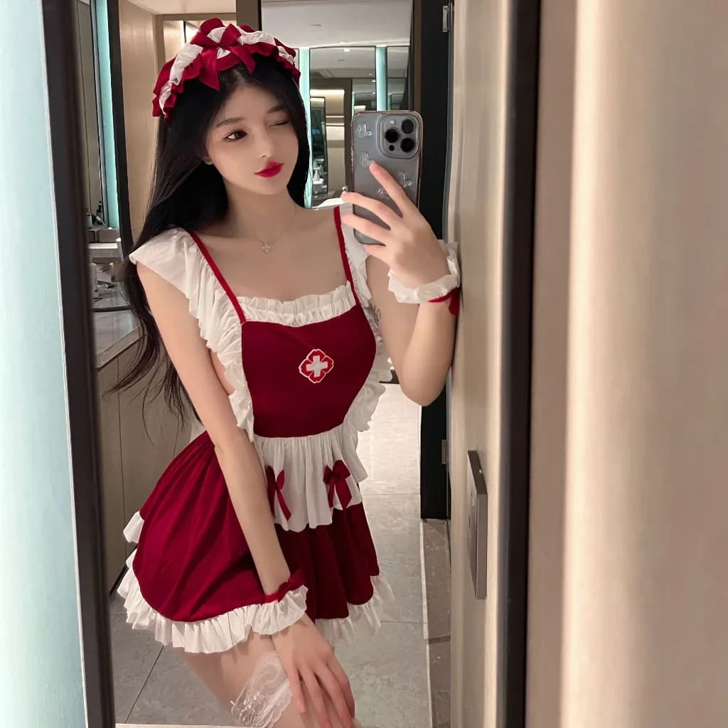 Đồ cosplay y tá sexy anime hở lưng gợi cảm váy ngủ xòe nữ hầu gái dễ thương kèm phụ kiện đỏ đô cao cấp N759 - ảnh 5