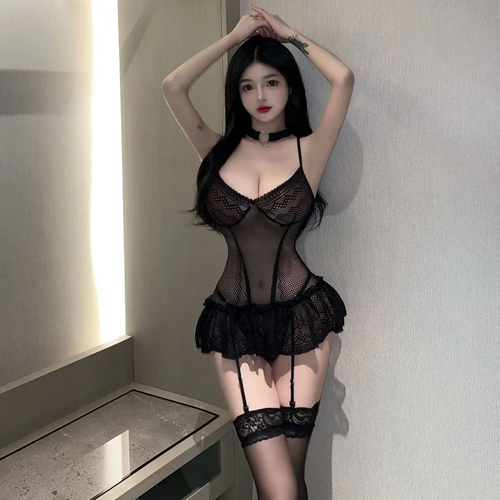 Đồ ngủ sexy ren xuyên thấu gợi cảm hở lưng cao cấp váy xòe kèm garters nịt tất tặng quần chip lọt khe N803 - ảnh 4