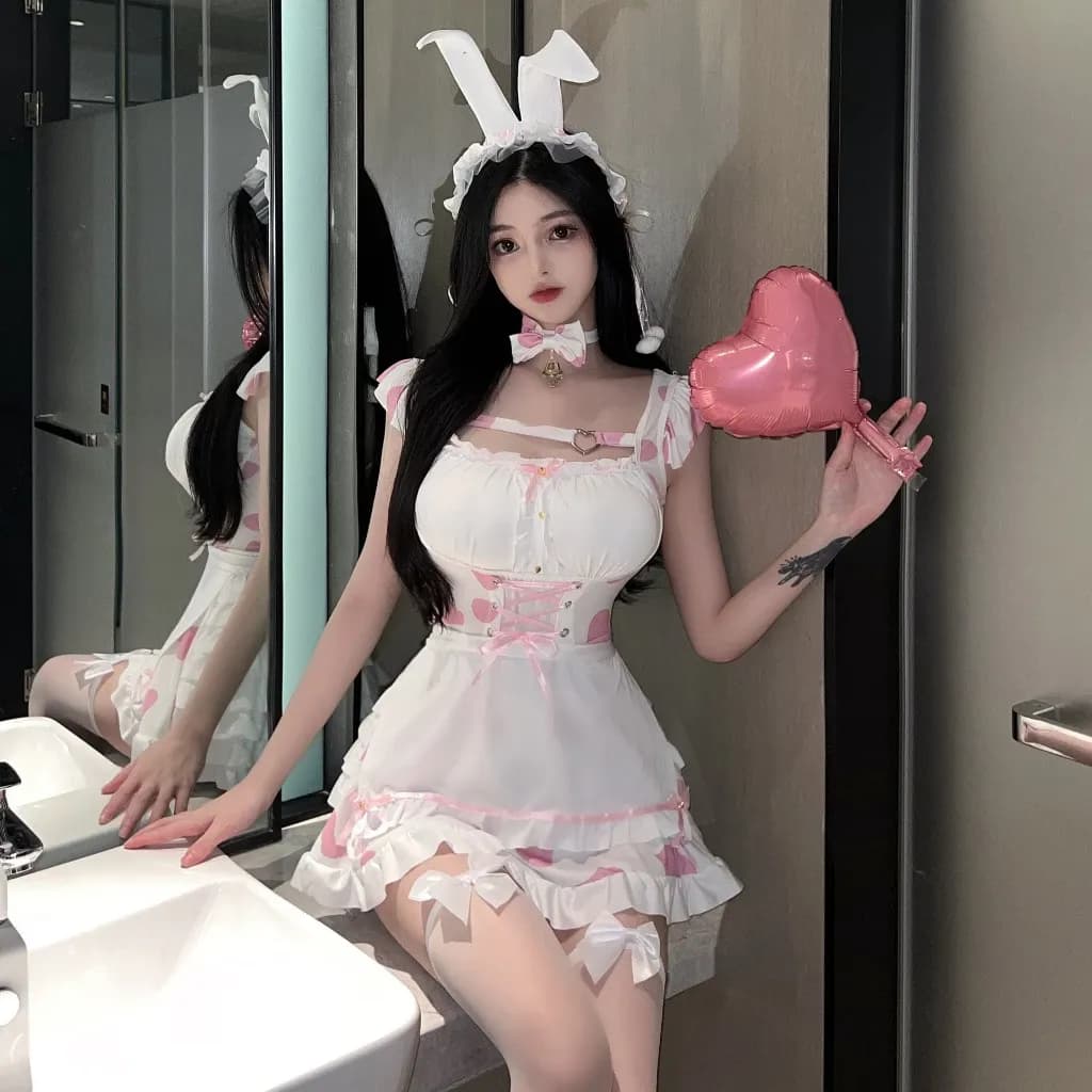 Trang phục cosplay bò sữa dễ thương chấm bi đen hồng cao cấp set bé thỏ bunny kèm phụ kiện sexy đáng yêu N334 - ảnh 4