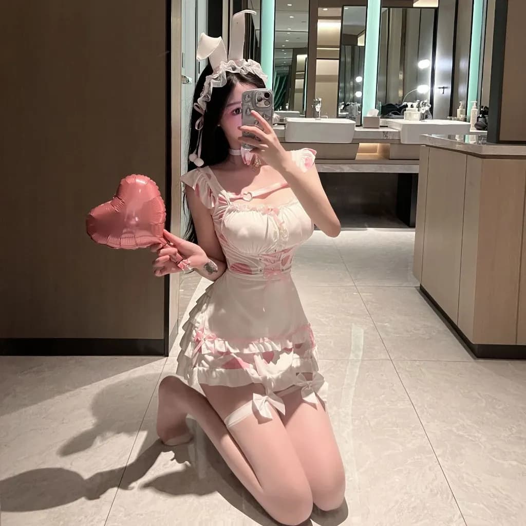 Trang phục cosplay bò sữa dễ thương chấm bi đen hồng cao cấp set bé thỏ bunny kèm phụ kiện sexy đáng yêu N334 - ảnh 2