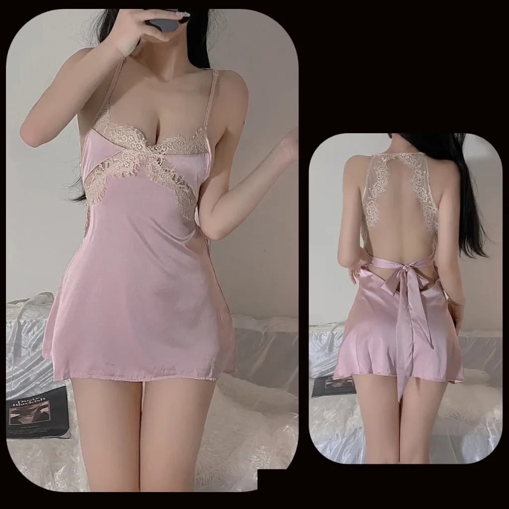 Váy ngủ lụa phối ren ngực gợi cảm bonita đầm hot girl mặc nhà cột dây lưng sexy tặng chip quyến rũ N186 - ảnh 4