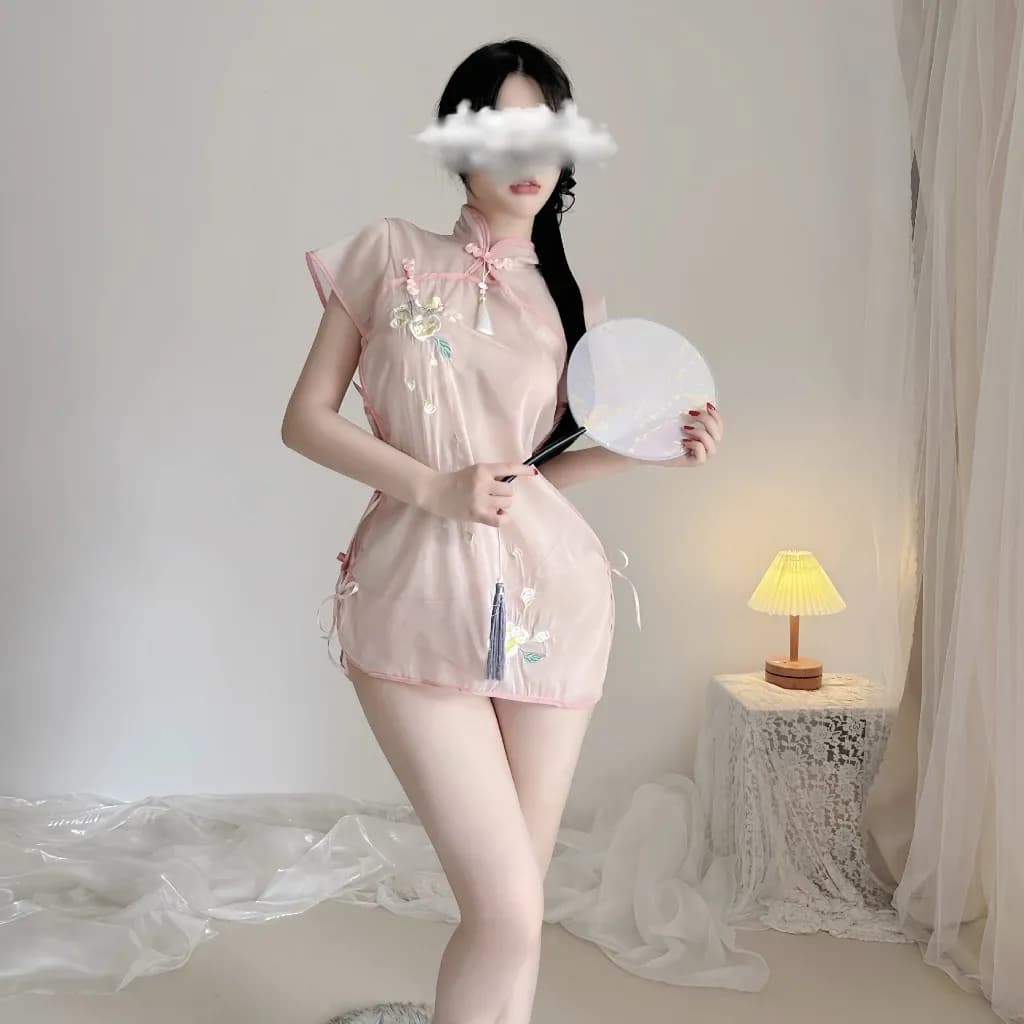 Sườn xám cách tân xuyên thấu đan dây hông gợi cảm đồ cosplay cổ trang Hanfu thêu hoa quyến rũ N383 - ảnh 2