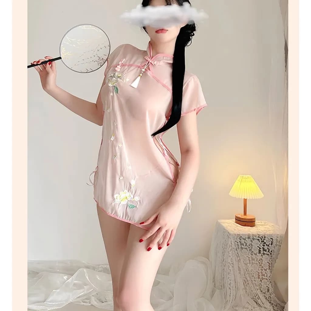 Sườn xám cách tân xuyên thấu đan dây hông gợi cảm đồ cosplay cổ trang Hanfu thêu hoa quyến rũ N383 - ảnh 5