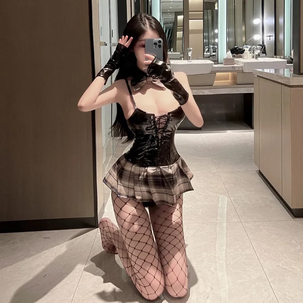 Đồ ngủ gợi cảm cosplay học sinh da PU váy sọc caro dễ thương thanh lịch set nữ sinh anime quyến rũ N864 - ảnh 2