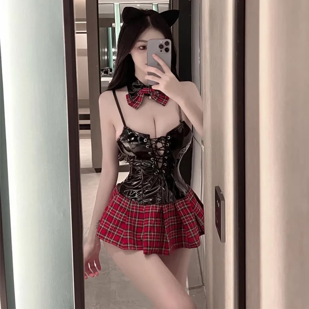 Đồ ngủ gợi cảm cosplay học sinh da PU váy sọc caro dễ thương thanh lịch set nữ sinh anime quyến rũ N864 - ảnh 7