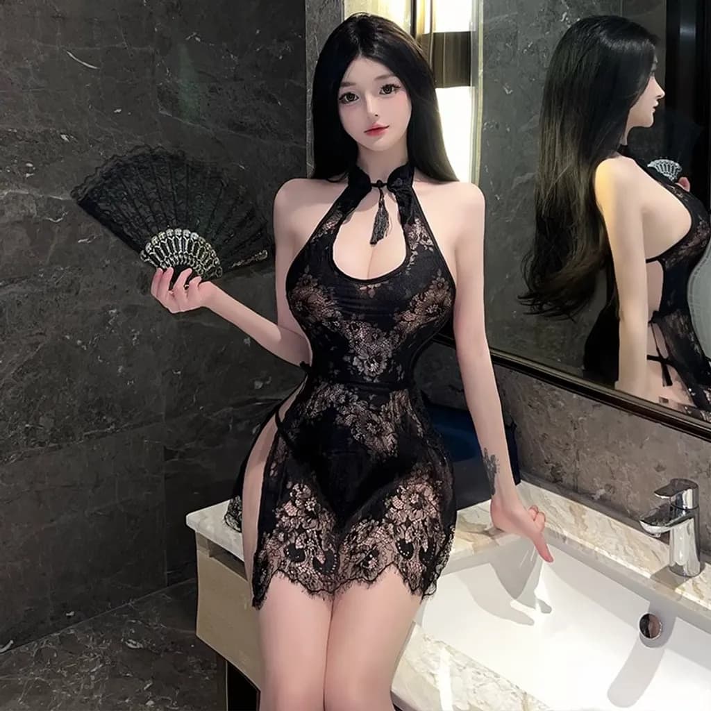 Váy ngủ sườn xám xuyên thấu xẻ tà cao tặng chip gợi cảm đầm cổ trang giọt nước hở lưng đen đỏ quyến rũ  N384 - ảnh 4