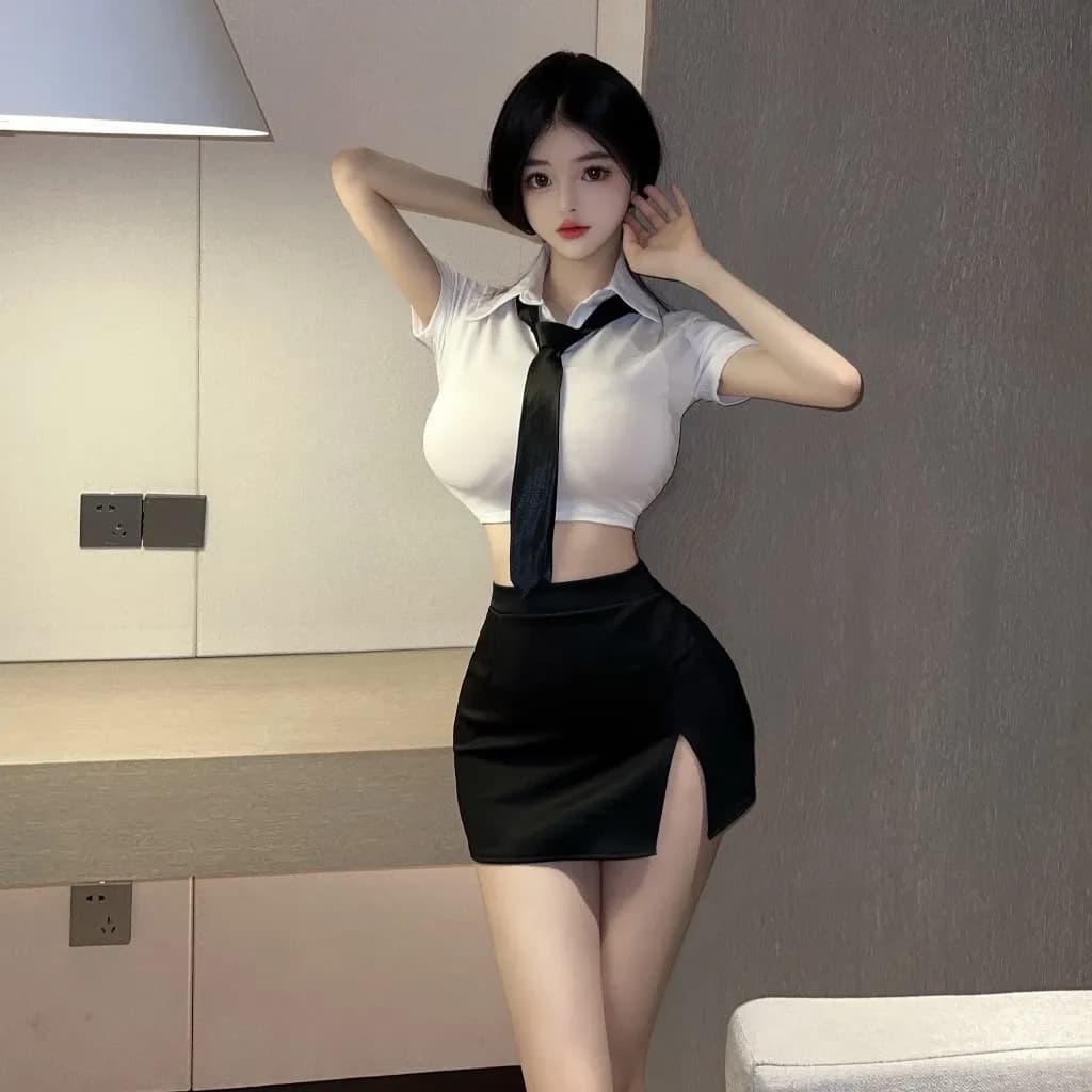 Đồ cosplay sexy thư ký ôm body kèm cà vạt gợi cảm thanh lịch đồ ngủ nữ công sở đen trắng quyến rũ N314
