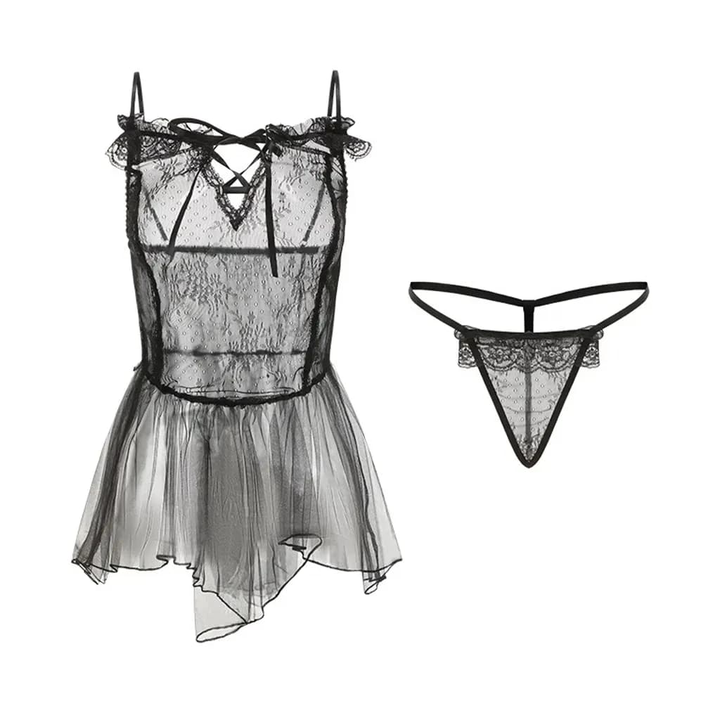 Váy ngủ sexy ren xuyên thấu dáng xòe tặng chip gợi cảm đầm tiểu thư 2 dây mặc nhà đen trắng quyến rũ N147 - ảnh 4