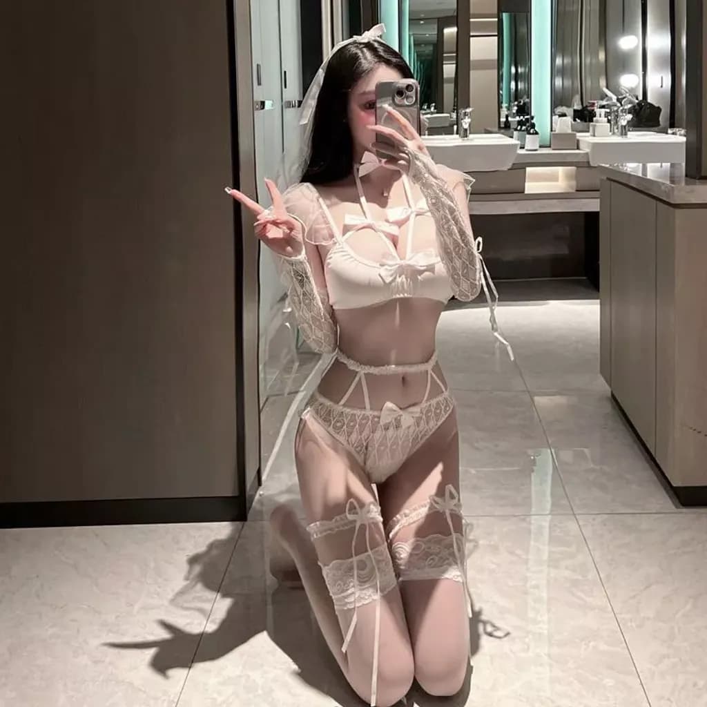 Đồ cosplay sexy cô dâu phối nơ đáng yêu set nội y ren kèm lúp voan găng tay đen trắng gợi cảm cao cấp  N746 - ảnh 2
