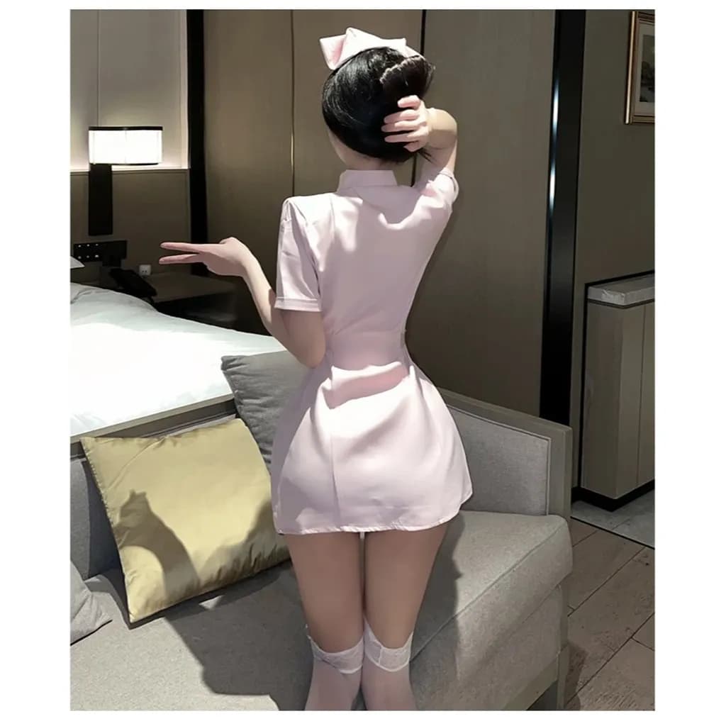 Đồ ngủ gợi cảm cosplay y tá trắng hồng nút sơ mi kèm nón cao cấp váy bác sĩ có đai lưng sexy quyến rũ N353 - ảnh 3