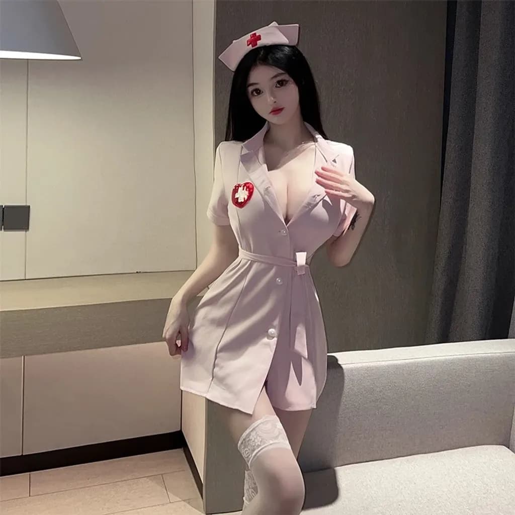 Đồ ngủ gợi cảm cosplay y tá trắng hồng nút sơ mi kèm nón cao cấp váy bác sĩ có đai lưng sexy quyến rũ N353