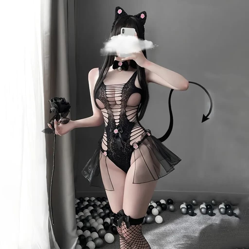 Đồ cosplay mèo hư hỏng có đuôi xuyên thấu gợi cảm đáng yêu bodystocking 1 mảnh miêu nữ đen dễ thương N739 - ảnh 2